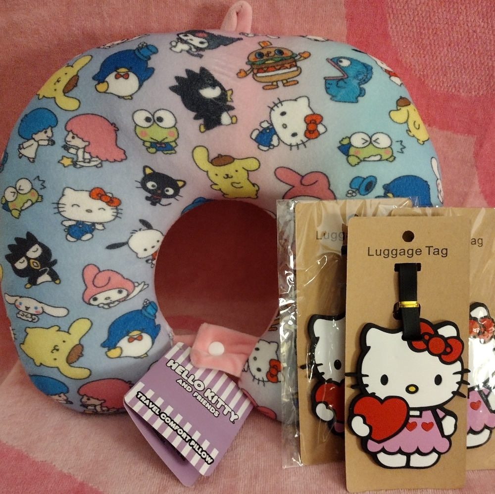 Hello Kitty Travel Neck Pillow and 3 Piece Matching Luggage Tag Set - NWT